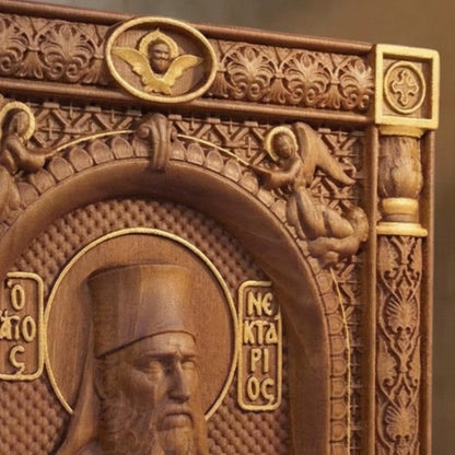 Saint Nektarios of Aegina Wooden Carved Handmade Christian Icon. Byzantine Greek Orthodox Home Decor.