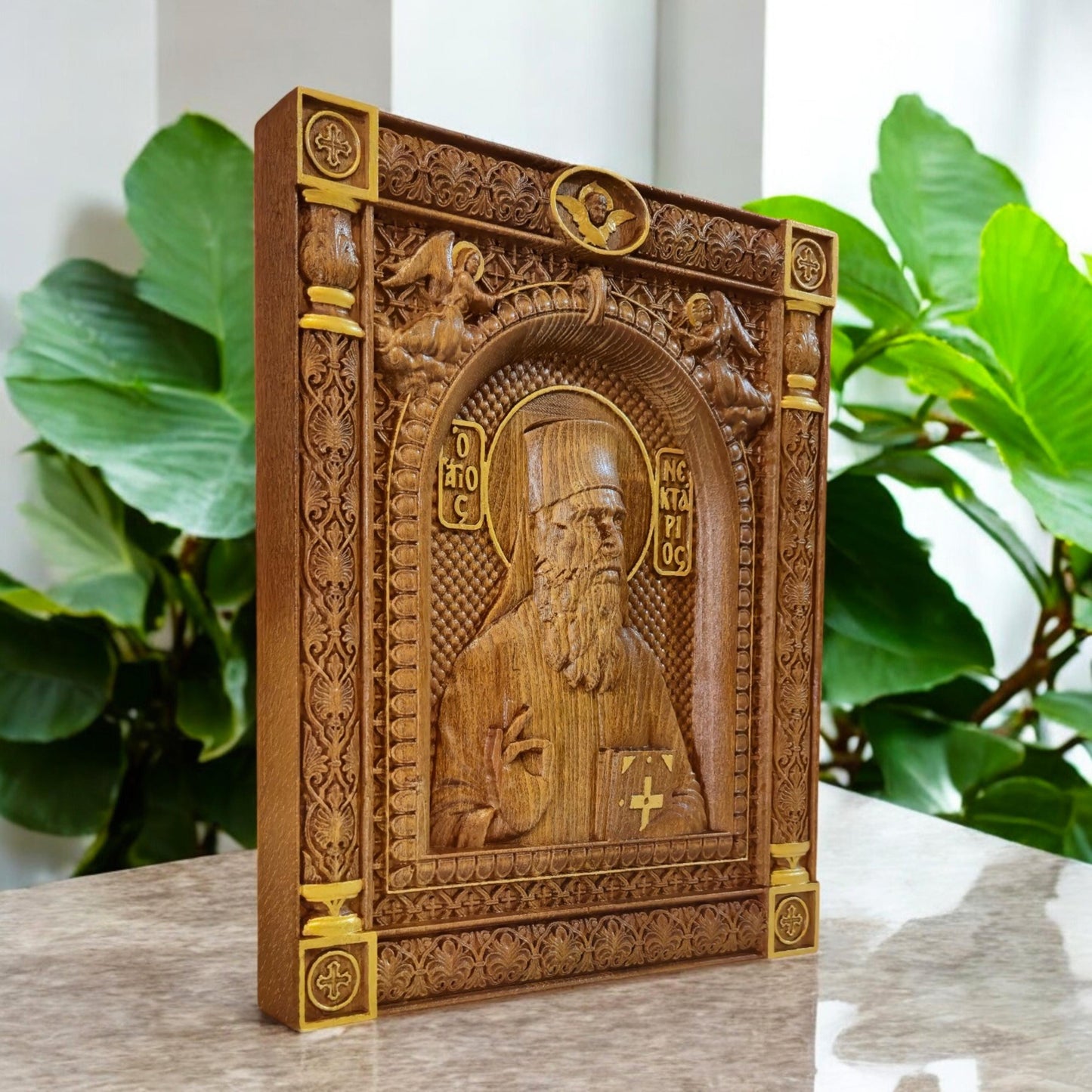 Saint Nectarios of Aegina Wooden Carved Handcrafted Christian Religious Icon. Byzantine Home Wall Art Decor Gift. Orthodox Greek Woodcarving Sculpture.