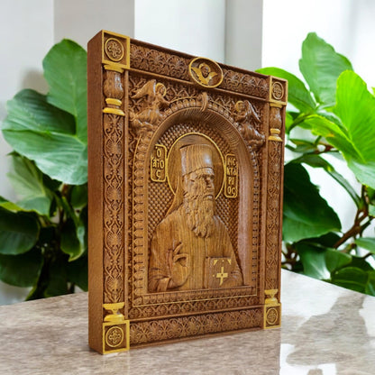 Saint Nectarios of Aegina Wooden Carved Handcrafted Christian Religious Icon. Byzantine Home Wall Art Decor Gift. Orthodox Greek Woodcarving Sculpture.