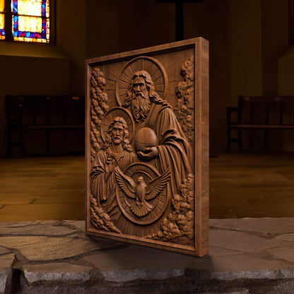 Holy Trinity Wooden Carved Handmade Christian Icon  Byzantine Greek Orthodox Home Decor Cretan Holy Carvings