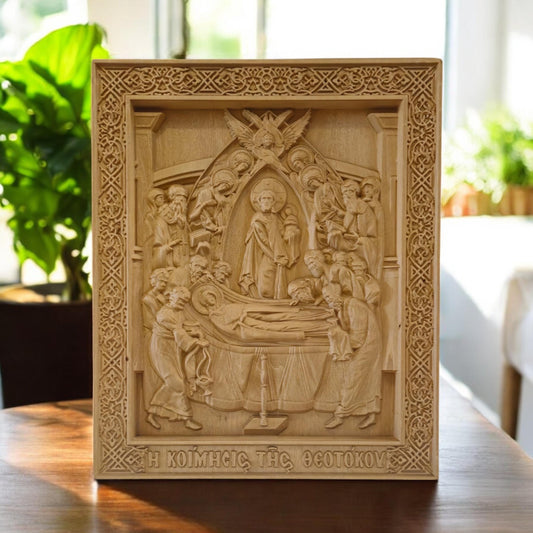 Dormition of the Mother of God Wooden Carved Handmade Christian Icon. Byzantine Greek Decor.