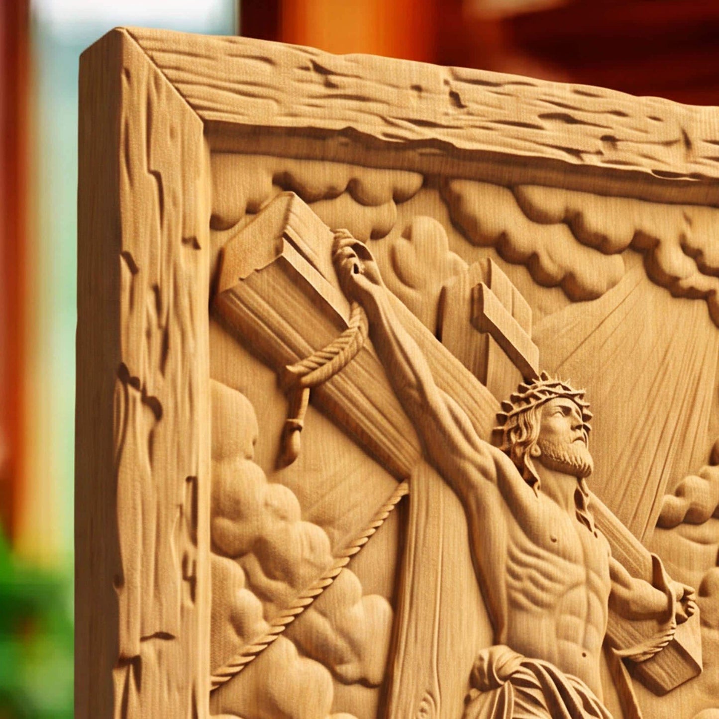 Jesus Crusifixion Wooden Carved Handmade Christian Icon  Byzantine Greek Orthodox Home Art Decor Cretan Holy Carvings