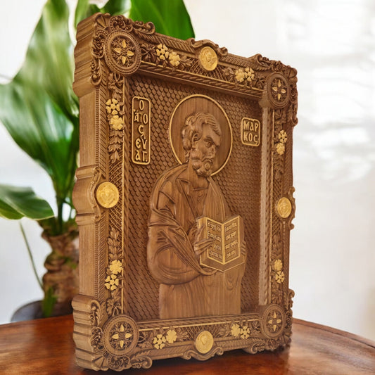 Mark the Evangelist Wooden Carved Handcrafted Christian Religious Icon. Byzantine Home Wall Art Decor Gift. Orthodox Greek Woodcarving Sculpture.