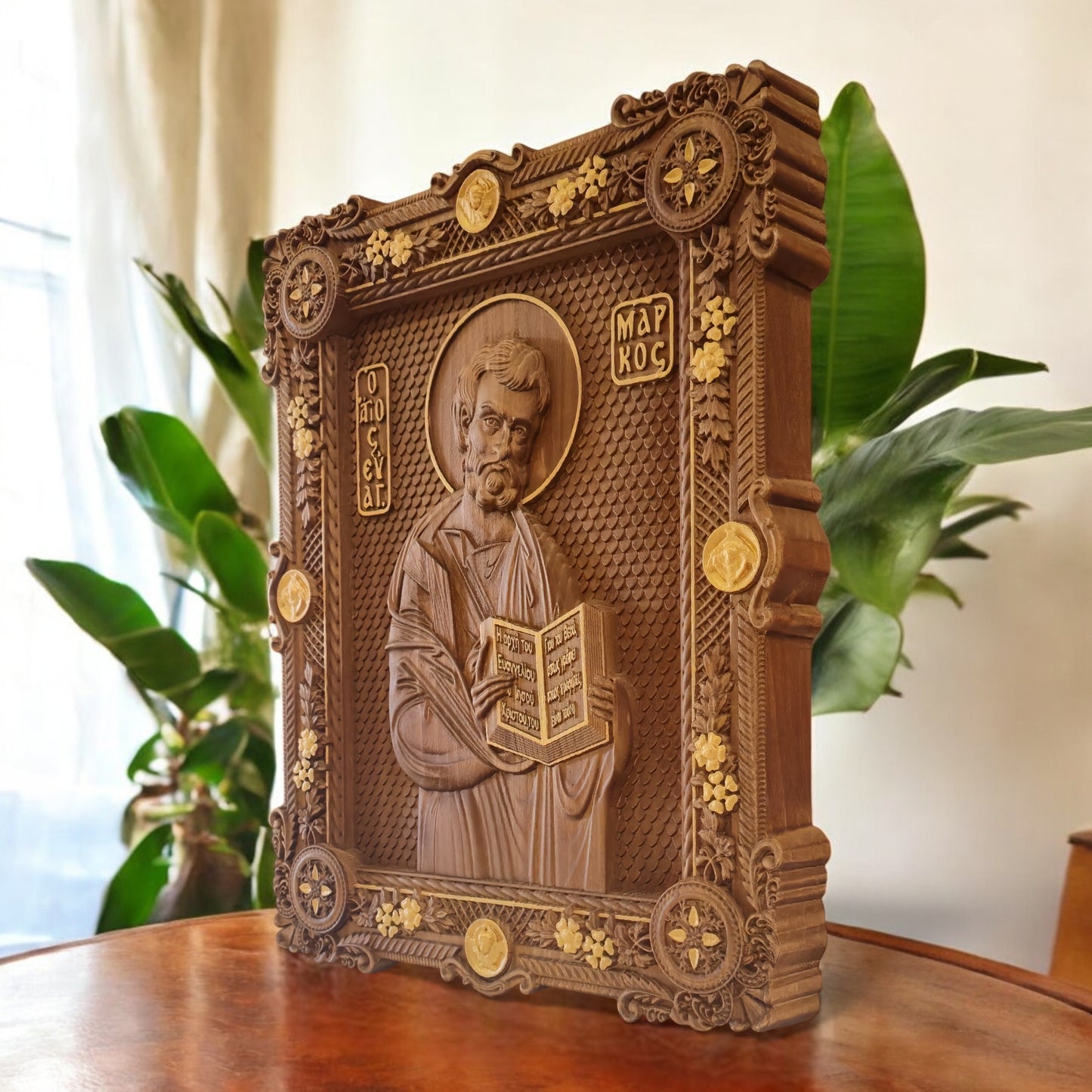 Mark the Evangelist Wooden Carved Handcrafted Christian Religious Icon. Byzantine Home Wall Art Decor Gift. Orthodox Greek Woodcarving Sculpture.
