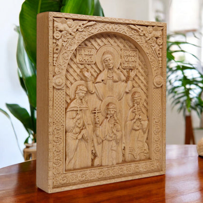 Saints Sophia Faith Hope Love Wooden Carved Handcrafted Christian Religious Icon. Byzantine Home Wall Art Decor Gift. Orthodox Greek Woodcarving Sculpture.