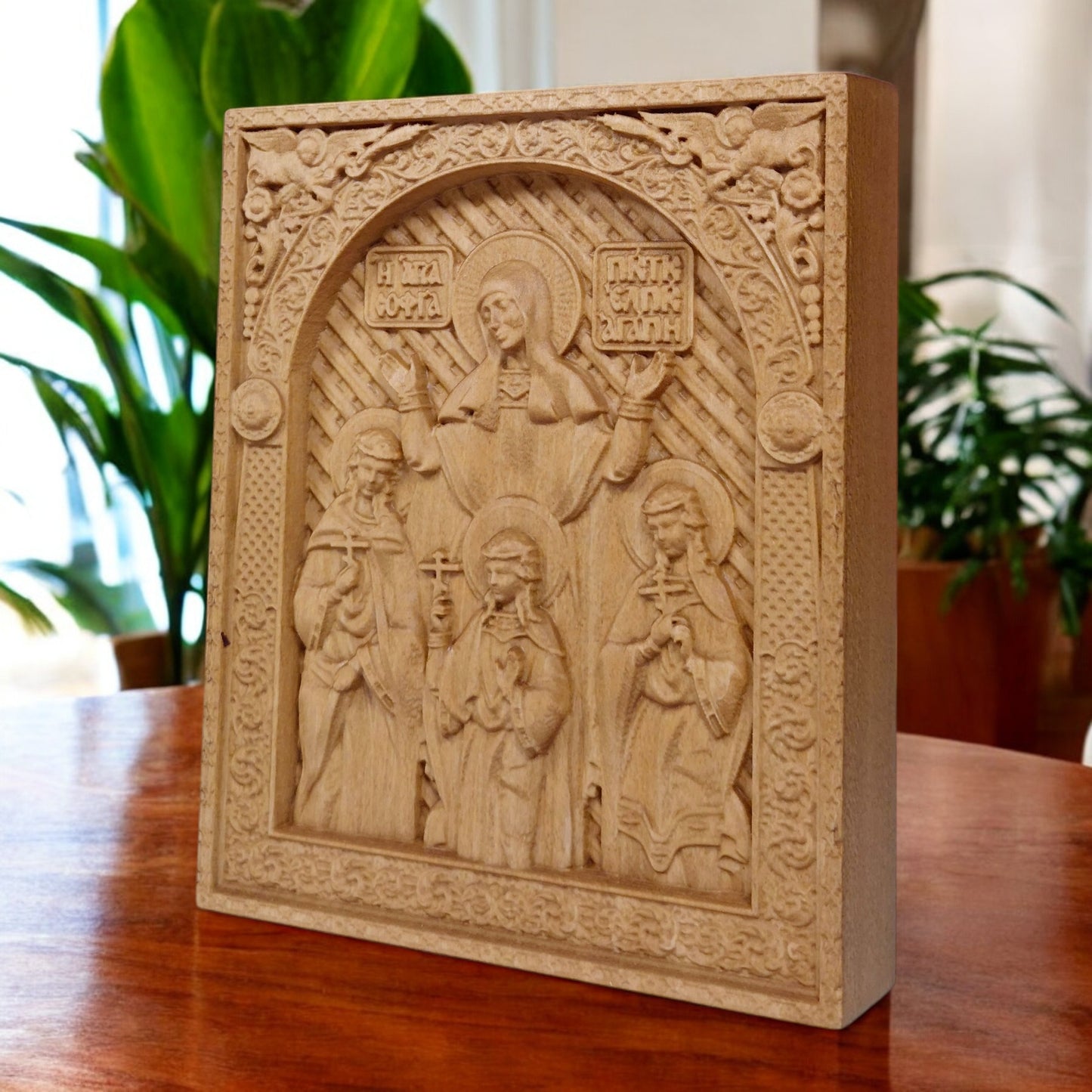Saints Sophia Faith Hope Love Wooden Carved Handcrafted Christian Religious Icon. Byzantine Home Wall Art Decor Gift. Orthodox Greek Woodcarving Sculpture.