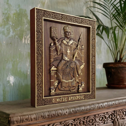 Jesus Christ Great High Priest Wooden Carved Handcrafted Christian Religious Icon. Byzantine Home Wall Art Decor Gift. Orthodox Greek Woodcarving Sculpture.