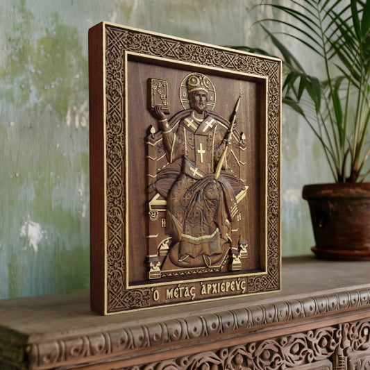 Jesus Christ Great High Priest Wooden Carved Handcrafted Christian Religious Icon. Byzantine Home Wall Art Decor Gift. Orthodox Greek Woodcarving Sculpture.