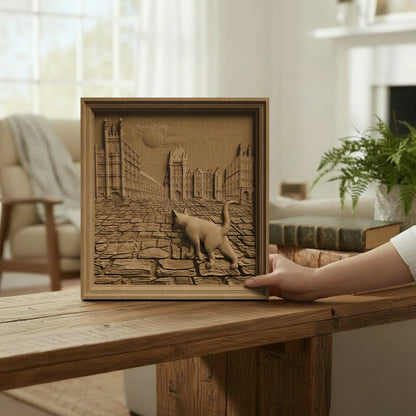 Cat Walking in the Street Scene Handmade Wooden Carving. Home Gift Wall Art Nature Decor.