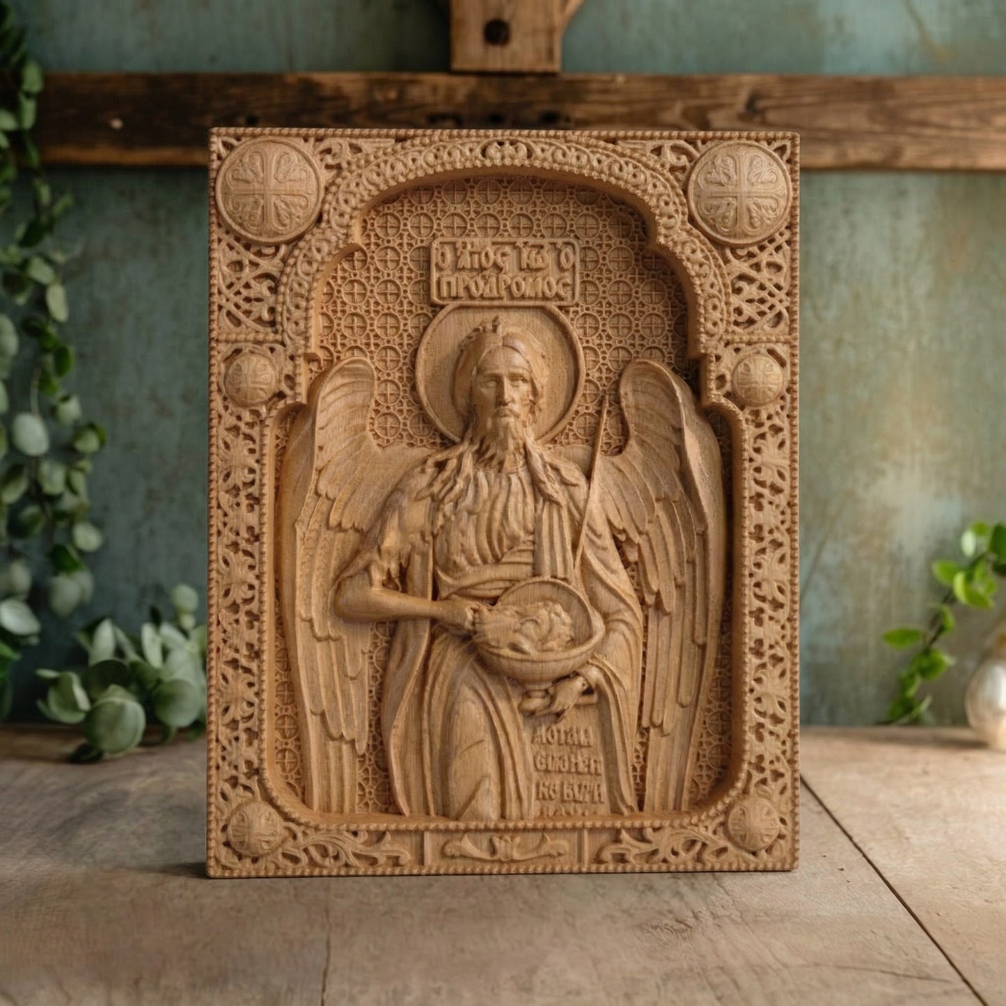 Saint John the Baptist Wooden Carved Handcrafted Christian Religious Icon. Byzantine Home Wall Art Decor Gift. Orthodox Greek Woodcarving Sculpture.