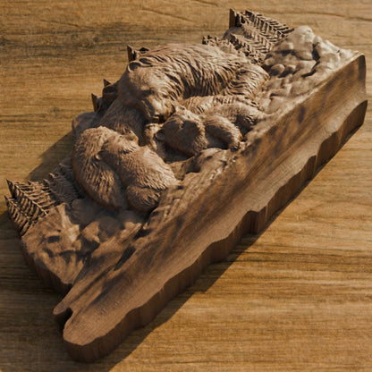 Bear Family Handmade Wooden Carving. Home Gift Wall Art Nature Decor.