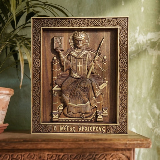 Jesus Christ Great High Priest Wooden Carved Handcrafted Christian Religious Icon. Byzantine Home Wall Art Decor Gift. Orthodox Greek Woodcarving Sculpture.