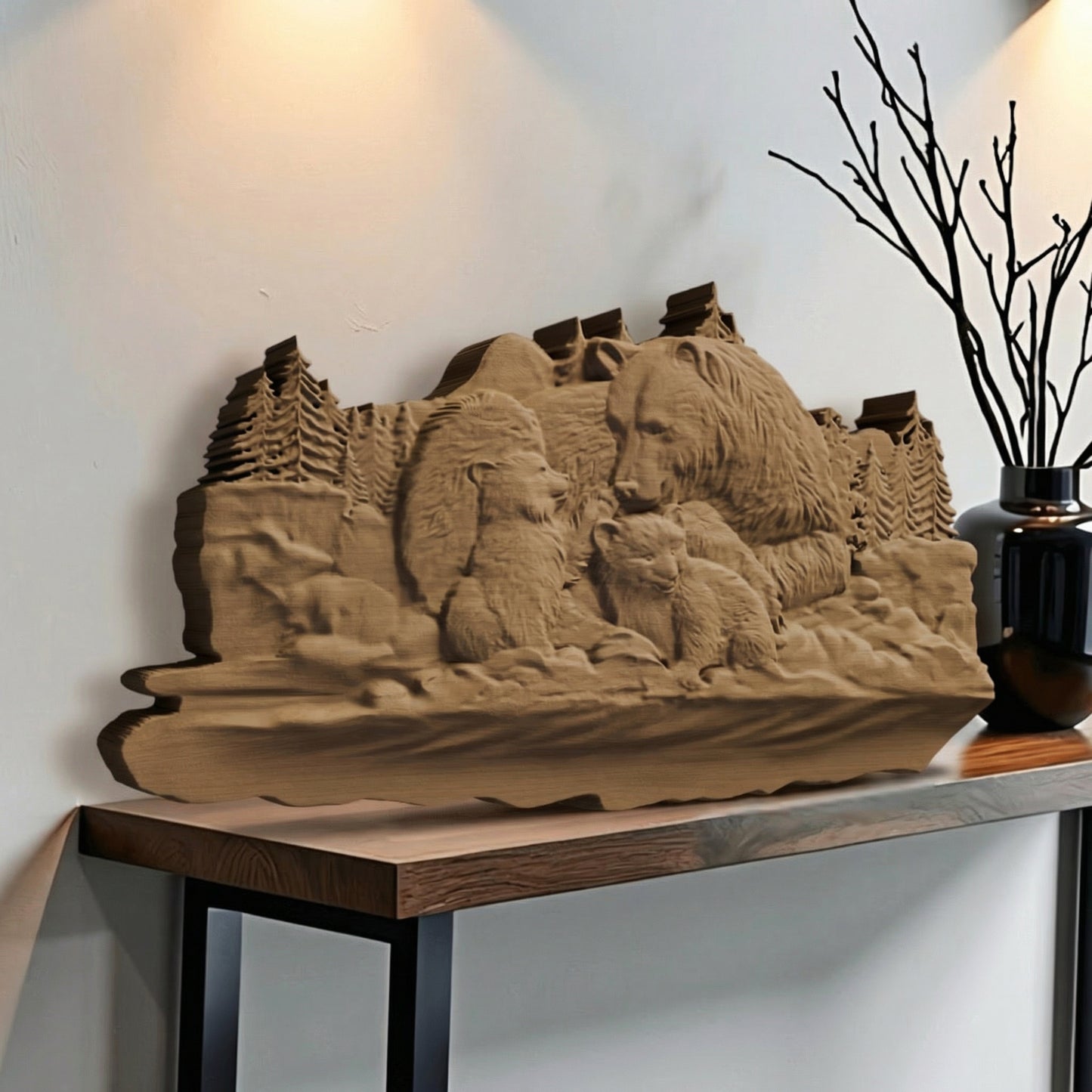Bear Family Handmade Wooden Carving. Home Gift Wall Art Nature Decor.