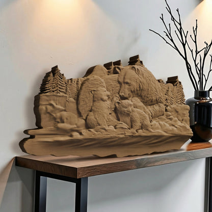 Bear Family Handmade Wooden Carving. Home Gift Wall Art Nature Decor.