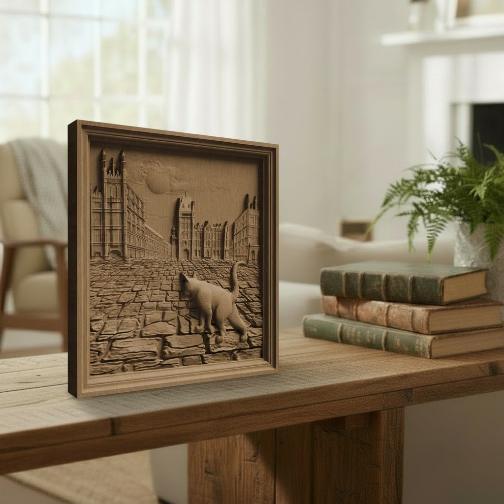 Cat Walking in the Street Scene Handmade Wooden Carving. Home Gift Wall Art Nature Decor.