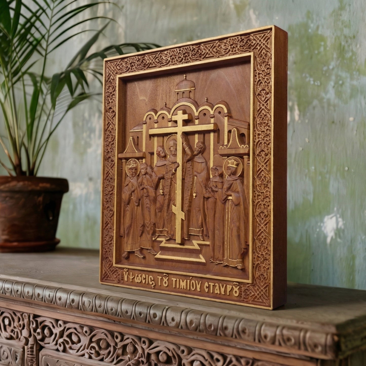 The Elevation of the Holy Cross Wooden Carved Handcrafted Christian Religious Icon. Byzantine Home Wall Art Decor Gift. Orthodox Greek Woodcarving Sculpture.