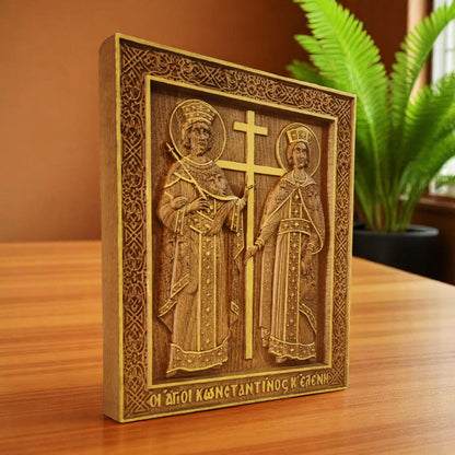 Saints Constantine and Helena Wooden Carved Handmade Christian Icon. Byzantine Greek Orthodox Home Decor.