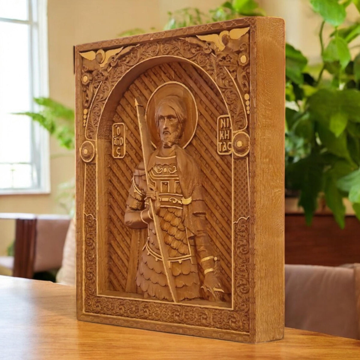Saint Nikitas Wooden Carved Handmade Christian Icon. Byzantine Greek Orthodox Home Art Decor.