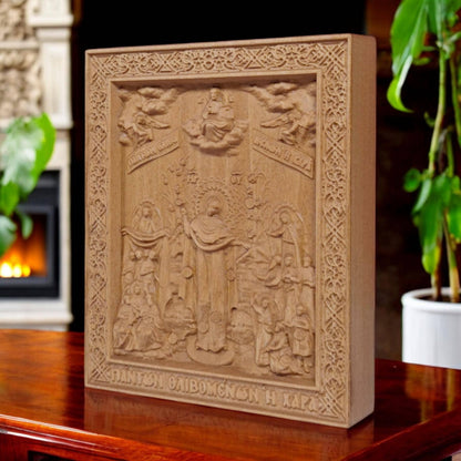 Mother of God Joy of All Who Sorrow Wooden Carved Handmade Christian Icon. Byzantine Greek Orthodox Home Art Decor.