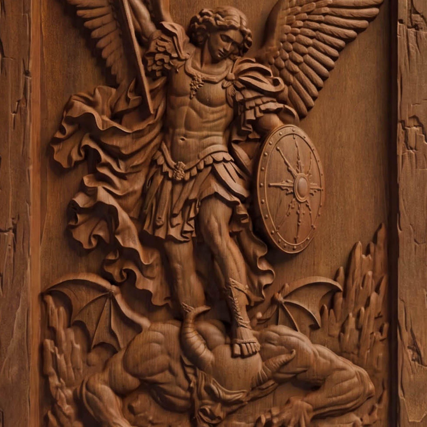 Archangel Michael Victorius Wooden Carved Handmade Christian Icon  Byzantine Greek Orthodox Home Decor Cretan Holy Carvings