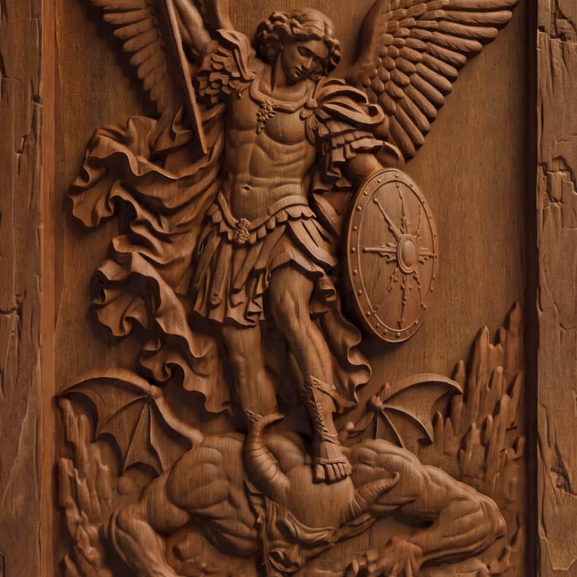 Archangel Michael Victorius Wooden Carved Handmade Christian Icon  Byzantine Greek Orthodox Home Decor Cretan Holy Carvings
