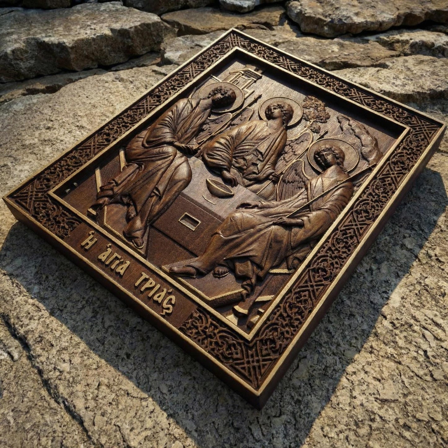 Holy Trinity Wooden Carved Handmade Christian Icon. Byzantine Greek Orthodox Home Art Decor.