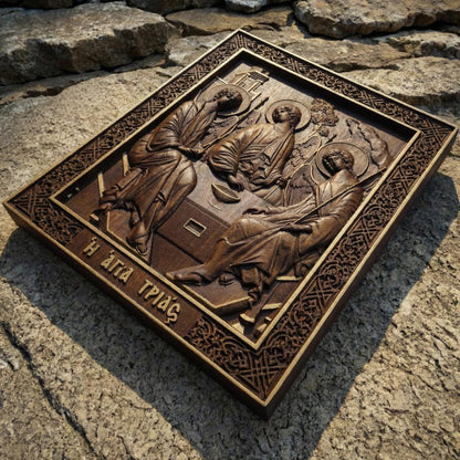 Holy Trinity Wooden Carved Handmade Christian Icon. Byzantine Greek Orthodox Home Art Decor.
