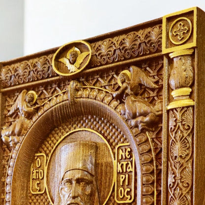 Saint Nectarios of Aegina Wooden Carved Handcrafted Christian Religious Icon. Byzantine Home Wall Art Decor Gift. Orthodox Greek Woodcarving Sculpture.