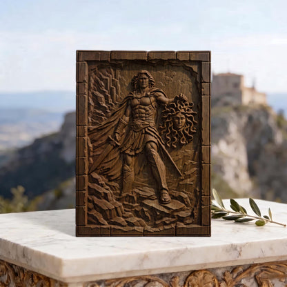 Perseus Cut Medusa's Head from Ancient Greek Mythology 3D Wooden Bas Relief Panel Art Sculptural Gift Idea Cretan Holy Carvings