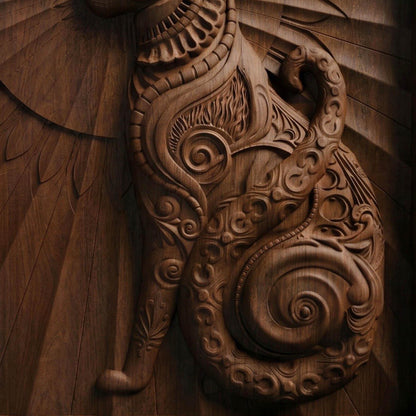 Cat Tribal Framed Bas Relief | Wooden Cat Carving | Sculptural Gift Idea