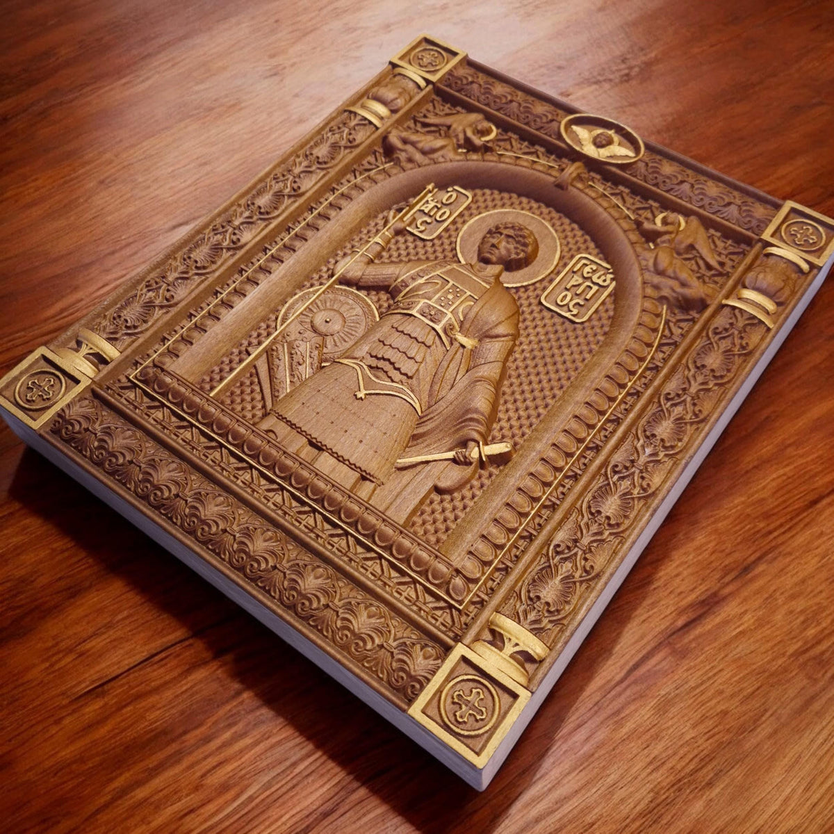Saint George Wooden Carved Handmade Christian Icon. Byzantine Greek Orthodox Home Art Decor.