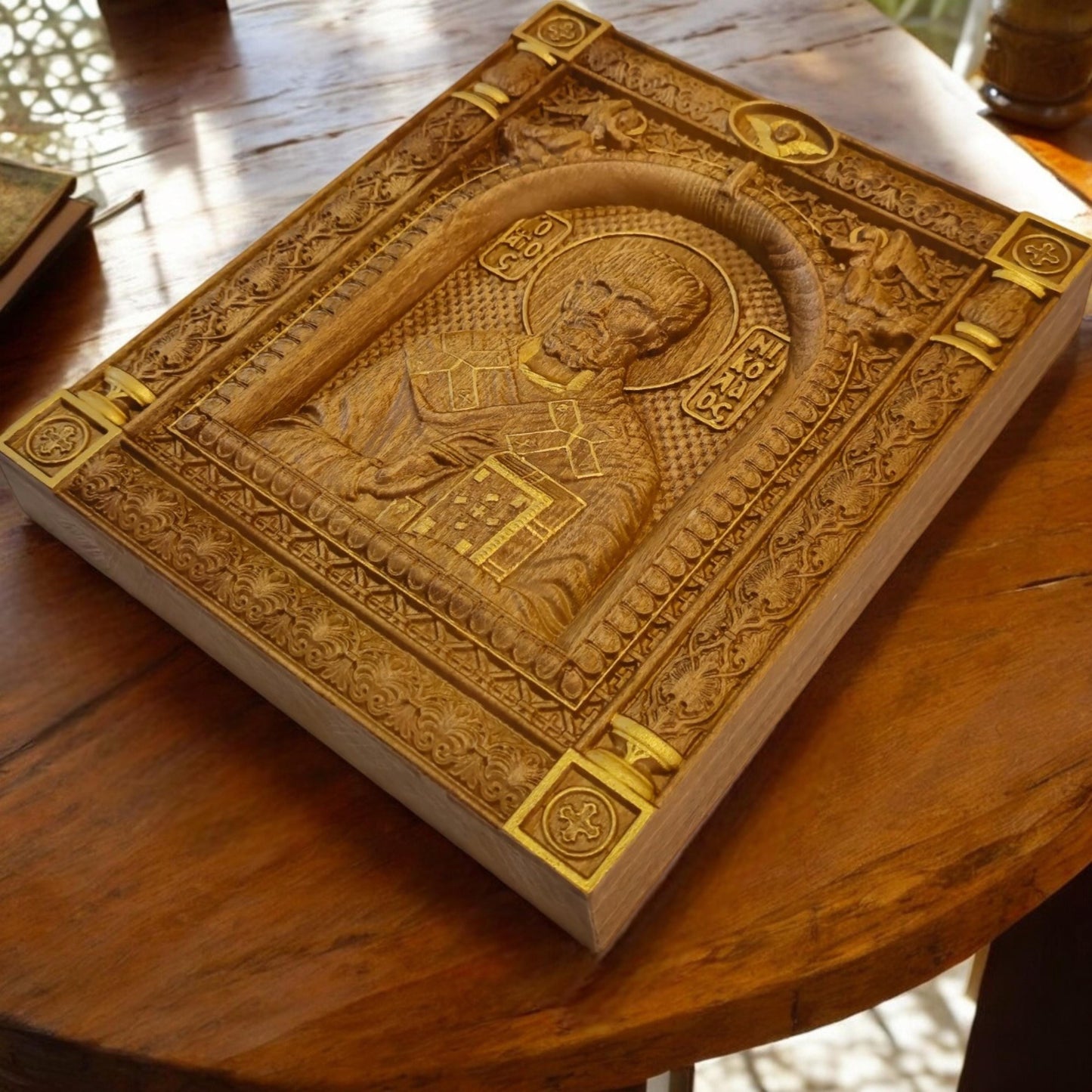 Saint Nicholas Wooden Carved Handcrafted Christian Religious Icon. Byzantine Home Wall Art Decor Gift. Orthodox Greek Woodcarving Sculpture.