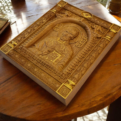 Saint Nicholas Wooden Carved Handcrafted Christian Religious Icon. Byzantine Home Wall Art Decor Gift. Orthodox Greek Woodcarving Sculpture.