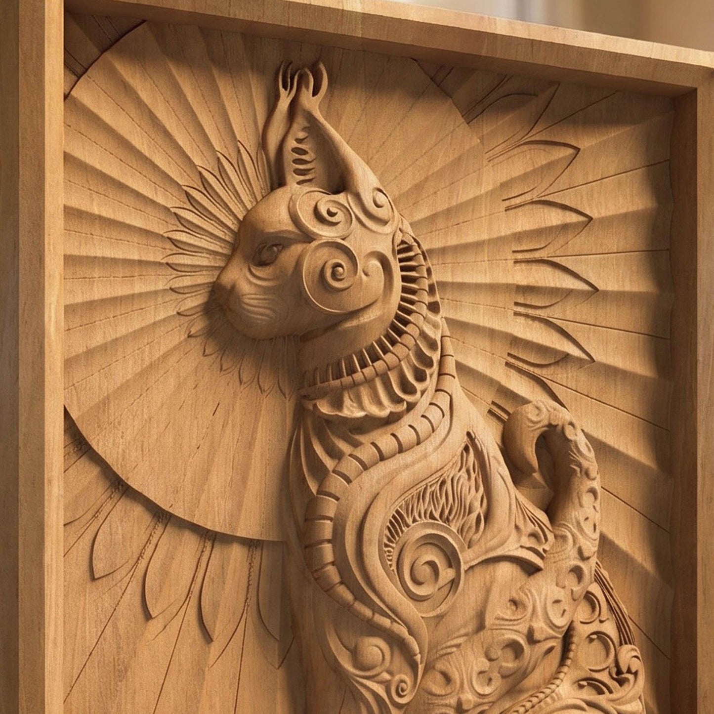Cat Tribal Framed Bas Relief | Wooden Cat Carving | Sculptural Gift Idea