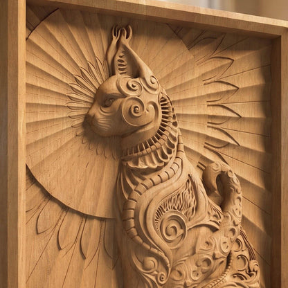 Cat Tribal Framed Bas Relief | Wooden Cat Carving | Sculptural Gift Idea