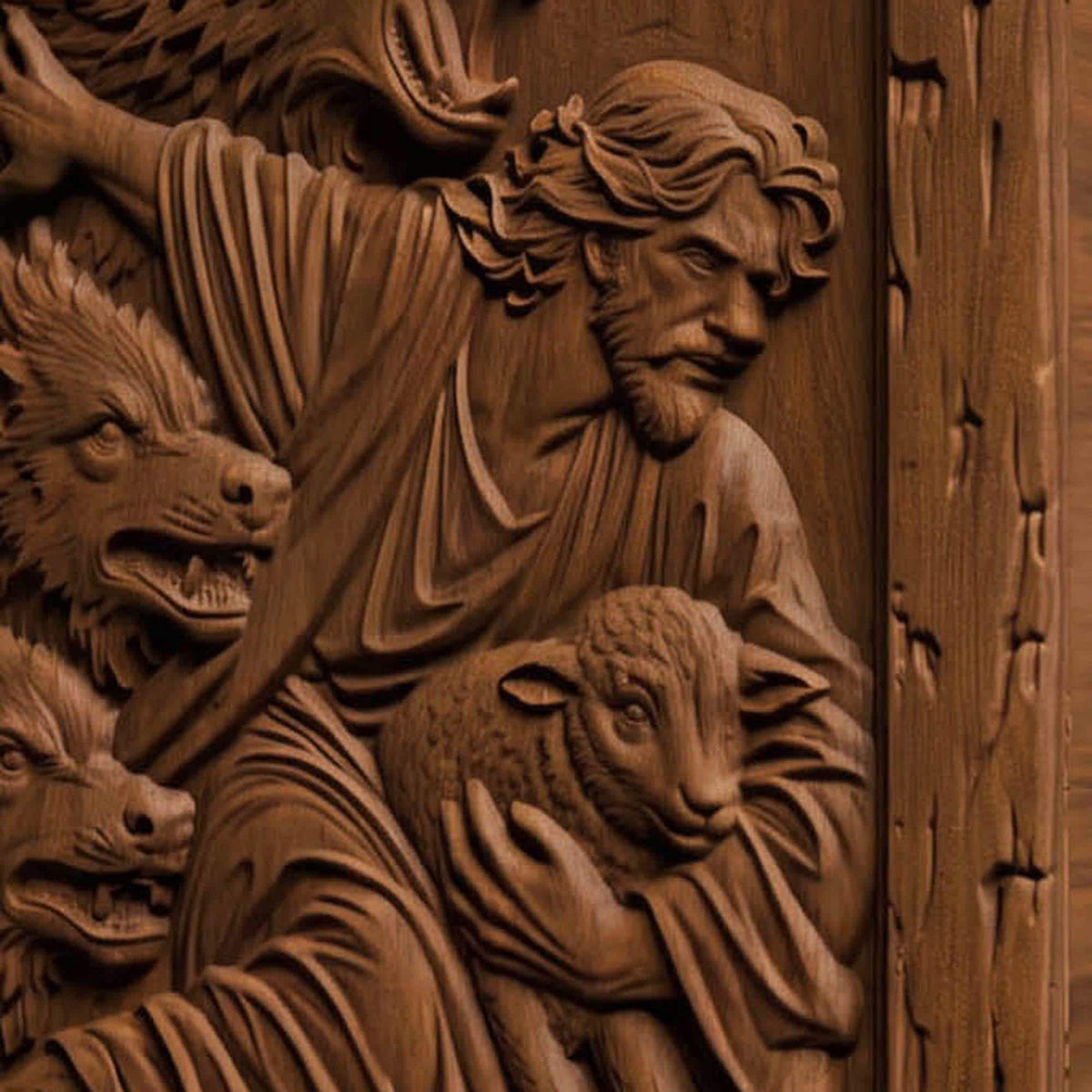 Jesus Saves from the Wolves Wooden Carved Handmade Christian Icon  Byzantine Greek Orthodox Home Decor Cretan Holy Carvings
