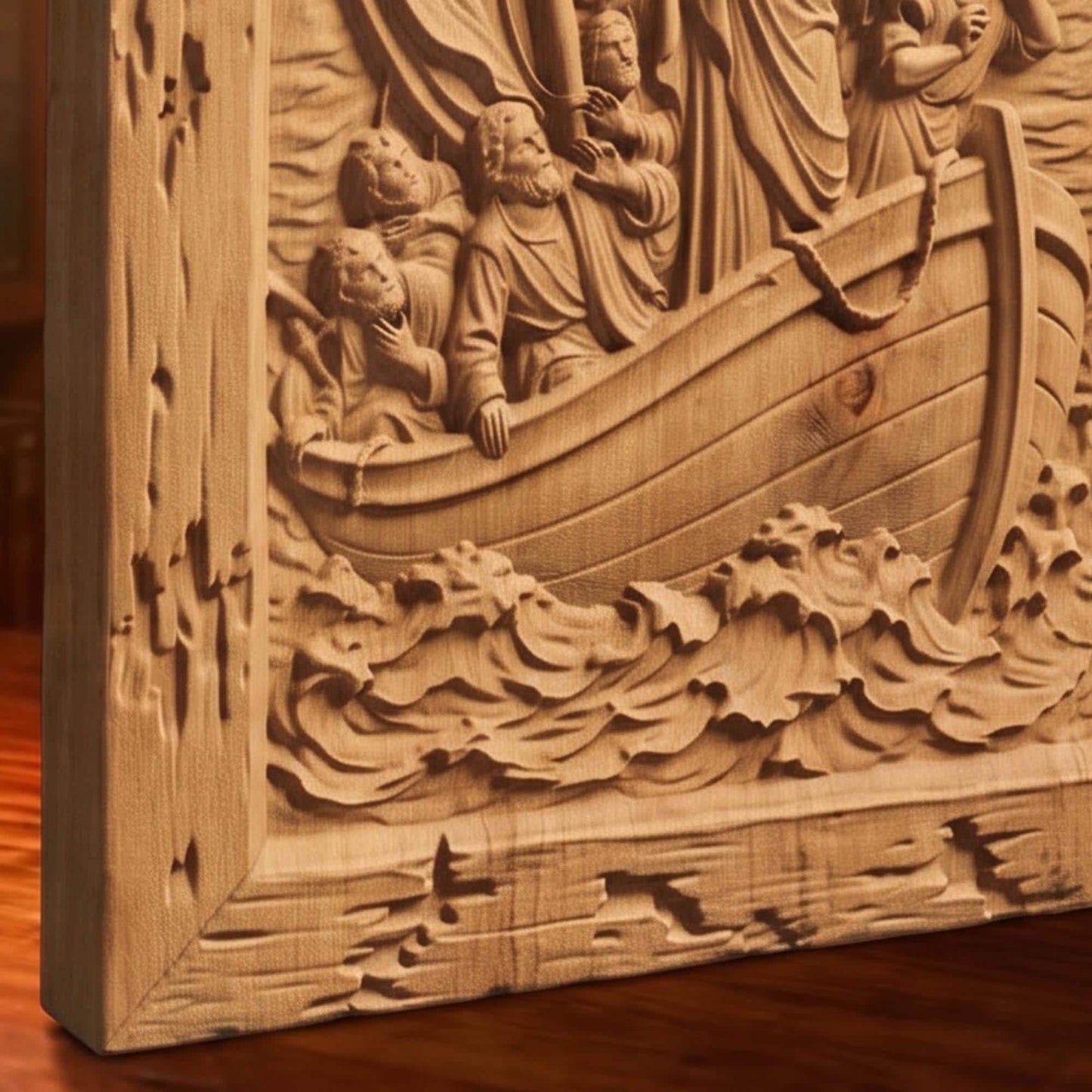 Jesus Calming the Sea Wooden Carved Handmade Christian Icon  Byzantine Greek Orthodox Home Decor Cretan Holy Carvings
