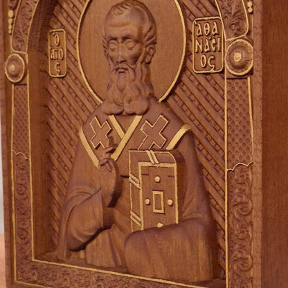 Saint Athanasius of Alexandria Wooden Carved Handmade Christian Icon. Byzantine Greek Orthodox Home Decor.