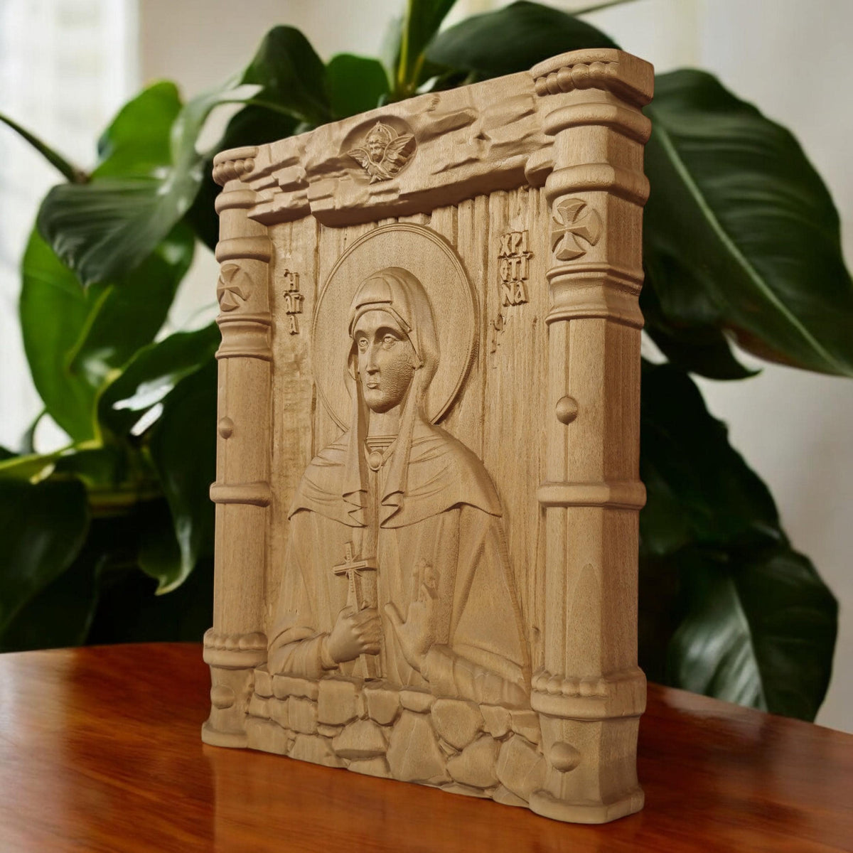 Saint Christina Wooden Carved Handmade Christian Icon. Byzantine Greek Orthodox Home Art Decor.