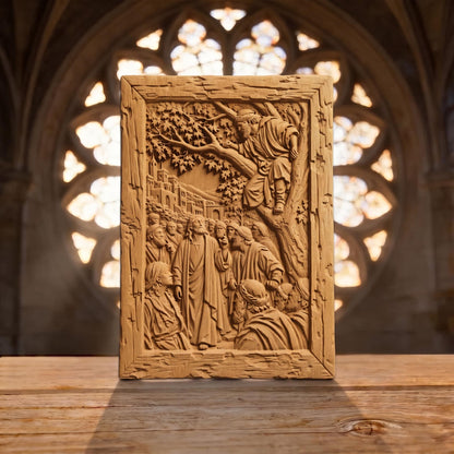 Jesus Talking to Zacchaeus on a Tree Wooden Carved Handmade Christian Icon  Byzantine Greek Orthodox Home Decor Cretan Holy Carvings
