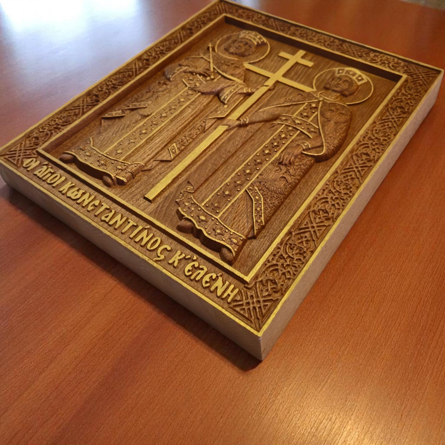 Saints Constantine and Helena Wooden Carved Handcrafted Christian Religious Icon. Byzantine Home Wall Art Decor Gift. Orthodox Greek Woodcarving Sculpture.