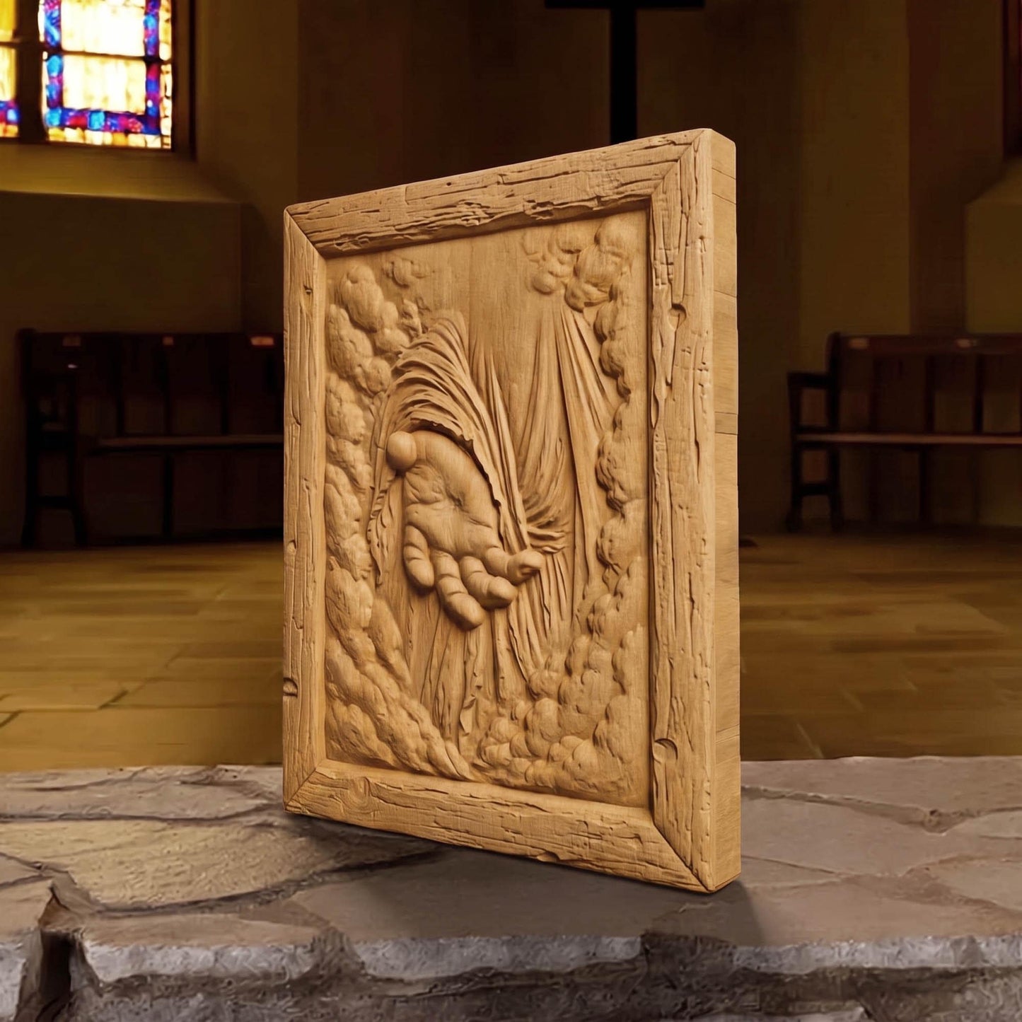 God's Hand of Help Wooden Carved Handmade Christian Icon  Byzantine Greek Orthodox Home Decor Cretan Holy Carvings
