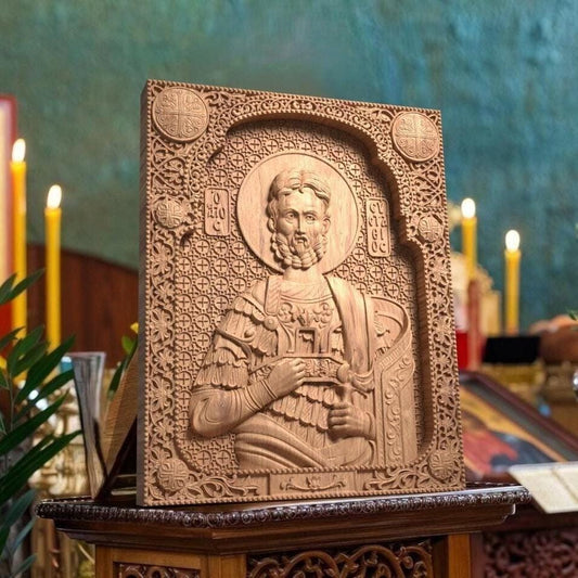 Резная деревянная икона Святого Евстафия ручной работы. Византийская греческая православная икона для домашнего декора.