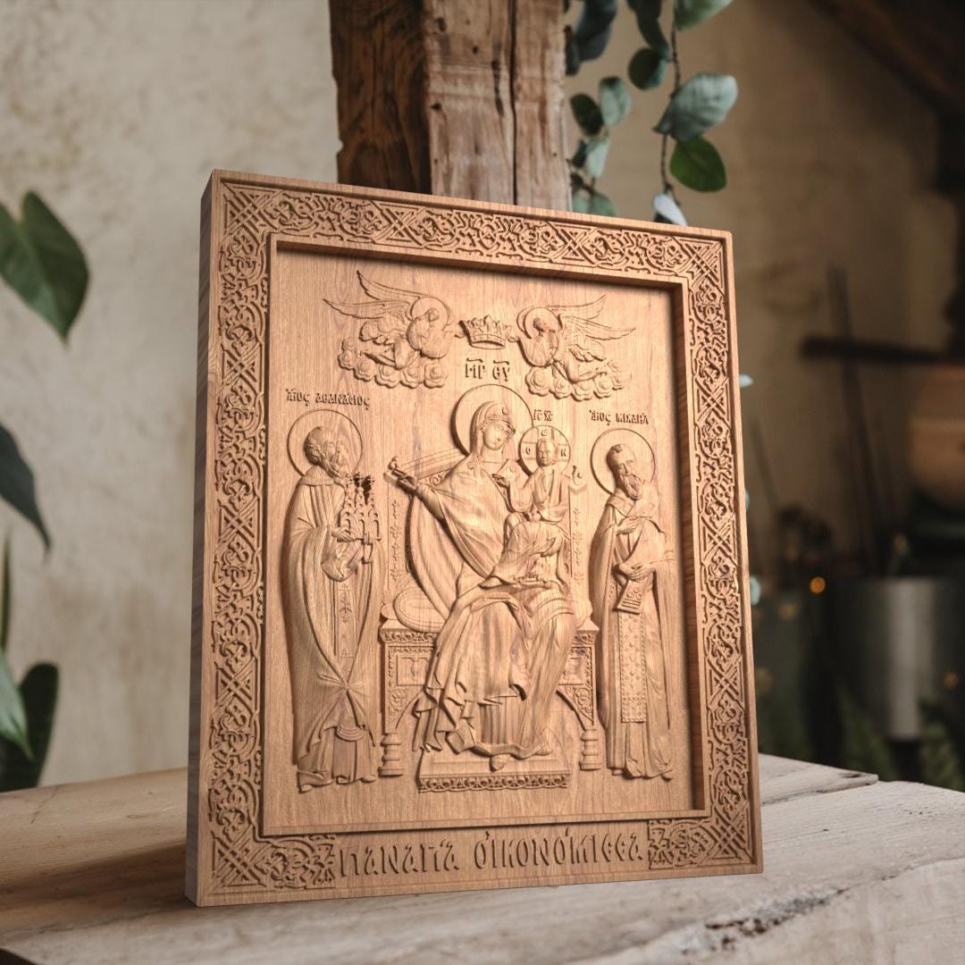 Virgin Mary Mother of God Wooden Carved Handmade Christian Icon. Byzantine Greek Orthodox Decor.