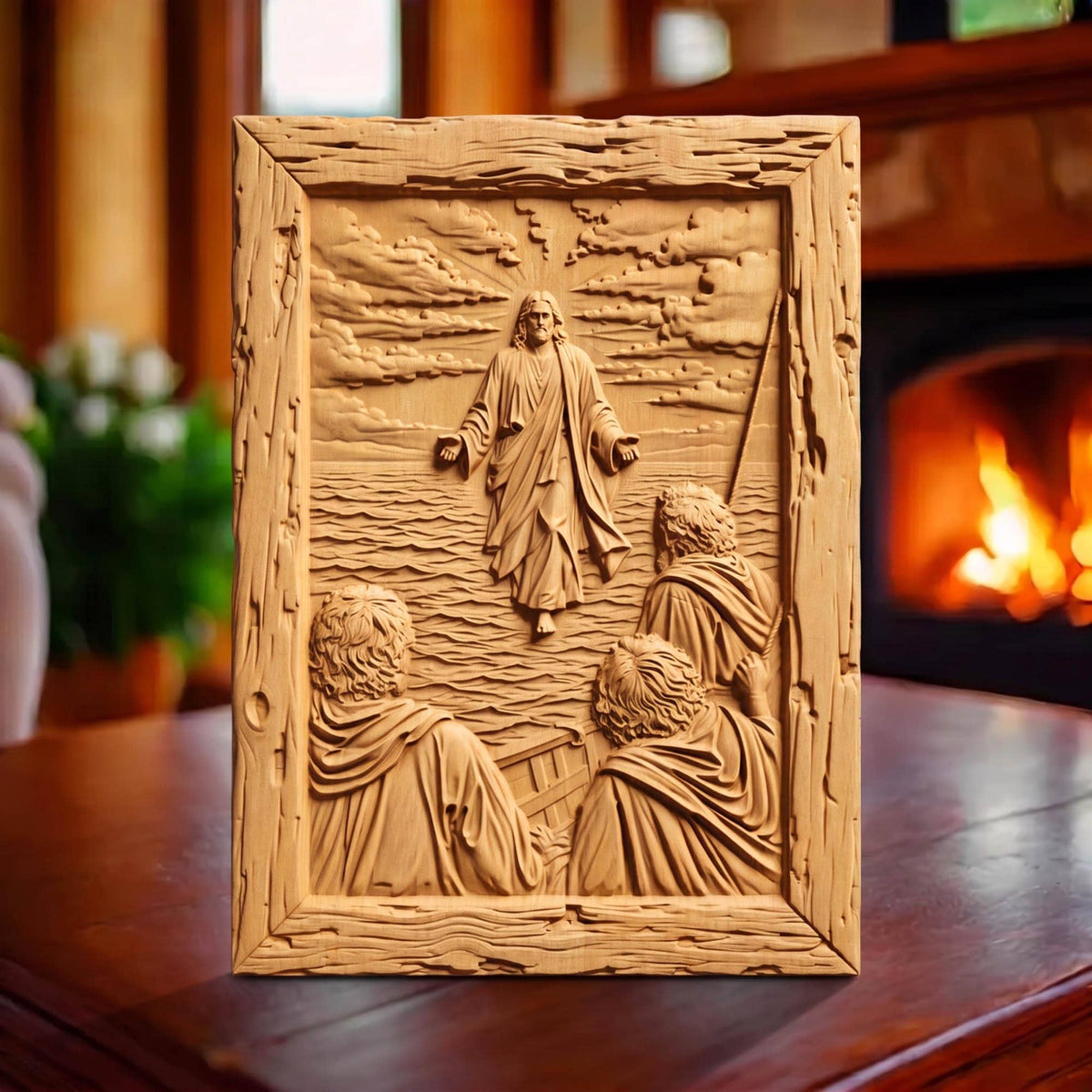 Jesus Christ Walks on the Sea Wooden Carved Handmade Christian Icon  Byzantine Greek Orthodox Home Art Decor Cretan Holy Carvings