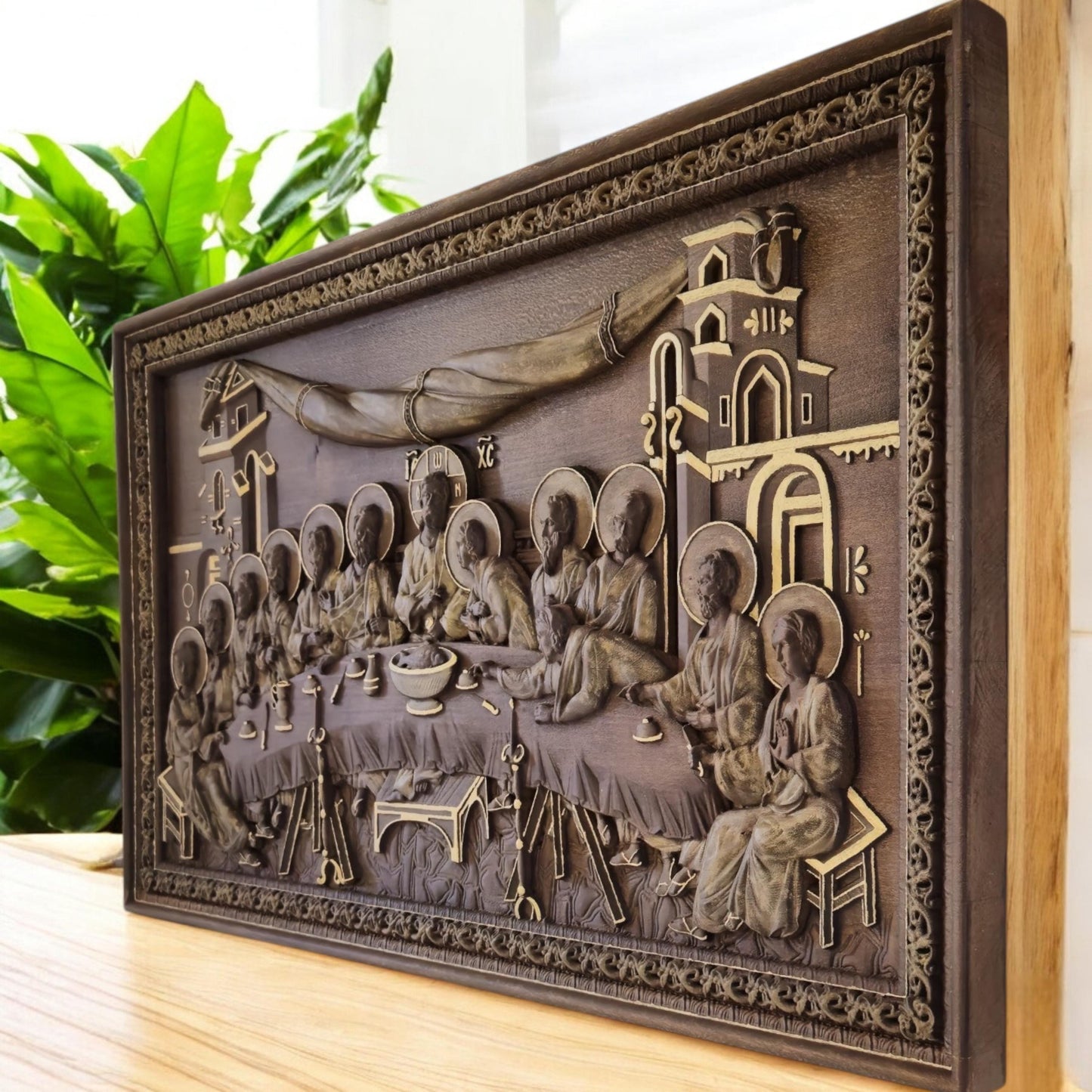 Last Supper Wooden Carved Handcrafted Christian Religious Icon. Byzantine Home Wall Art Decor Gift. Orthodox Greek Woodcarving Sculpture.