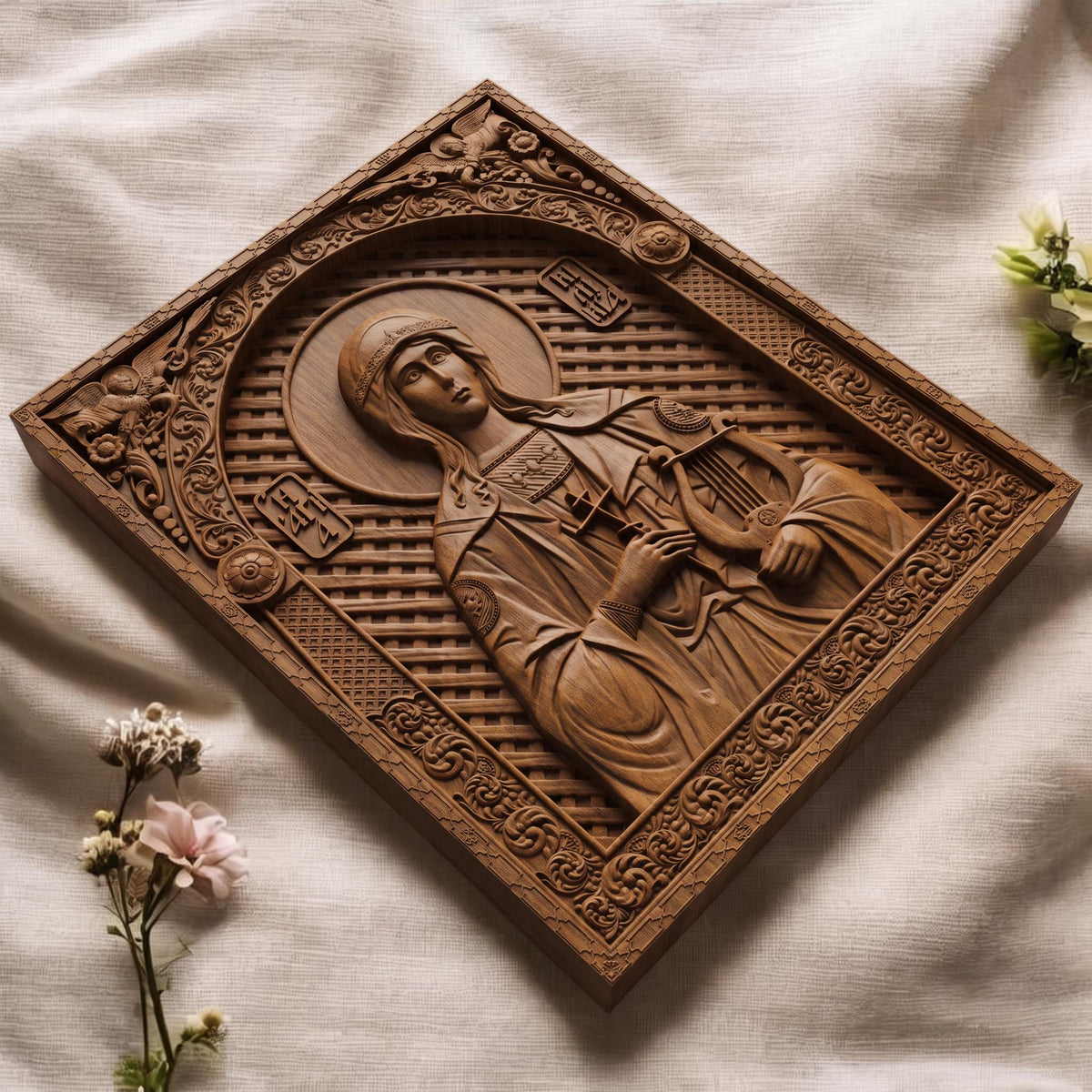 Saint Cecilia Patron Saint of Musicians Wooden Carved Handmade Christian Icon | Byzantine Greek Orthodox Home Art Decor