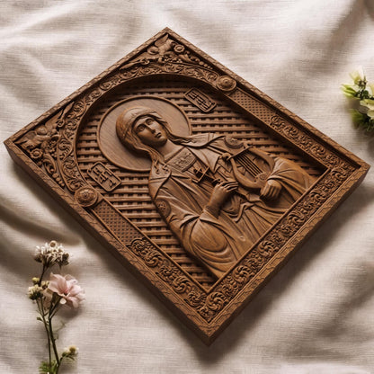 Saint Cecilia Patron Saint of Musicians Wooden Carved Handmade Christian Icon | Byzantine Greek Orthodox Home Art Decor