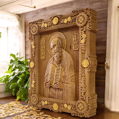 Saint John the Theologian Wooden Carved Handcrafted Christian Religious Icon. Byzantine Home Wall Art Decor Gift. Orthodox Greek Woodcarving Sculpture.