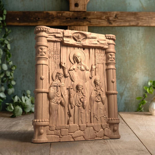 Saints Sophia Faith Hope Love Wooden Carved Handcrafted Christian Religious Icon. Byzantine Home Wall Art Decor Gift. Orthodox Greek Woodcarving Sculpture.